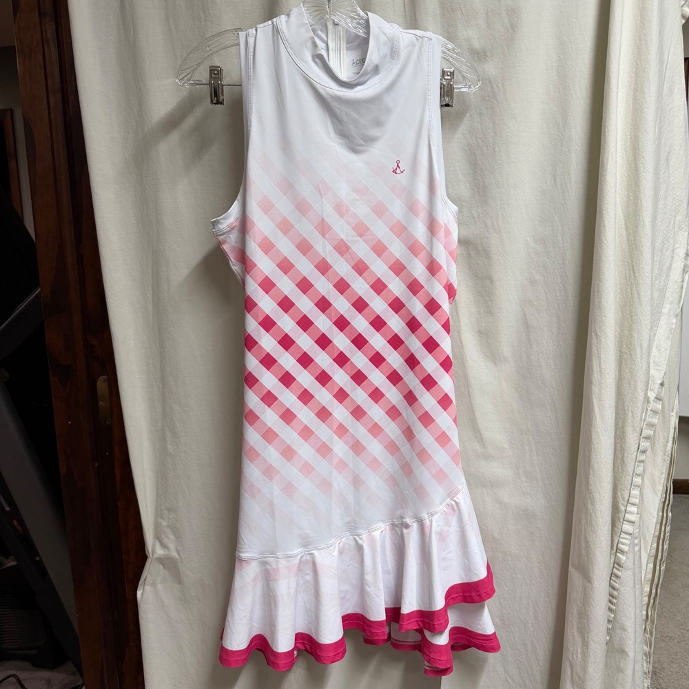 Acegolfs Pink Gingham Sleeveless Golf Dress Ruffle Hem UPF 50+ Women Large NWT